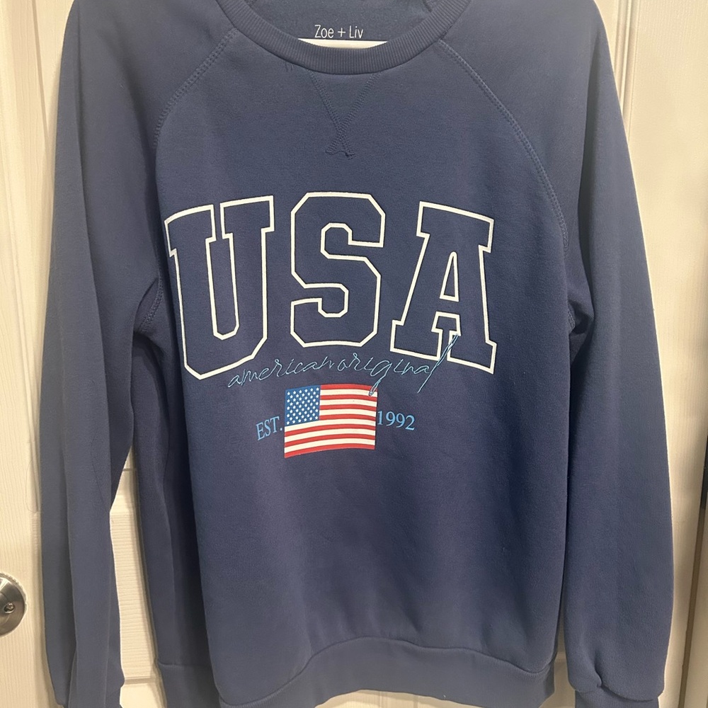 Zoe + Liv Blue Crewneck Sweater with USA Design